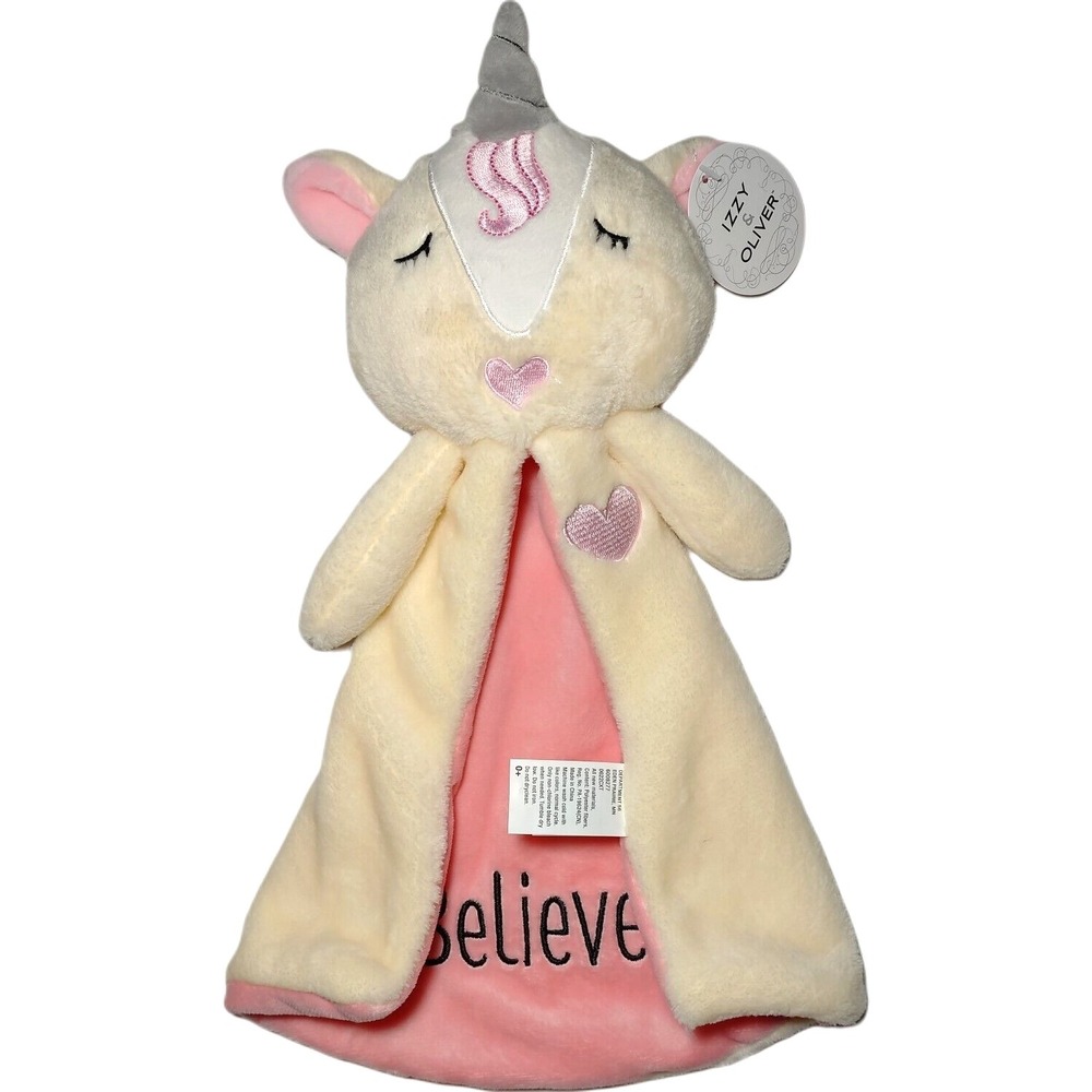 Izzy & Oliver Unicorn Believe Baby Security Blanket Lovey Beige Brown Pink Heart